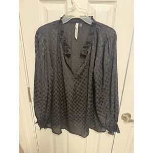 Collection Woman 1X Black Sheer Clip Dot Blouse Ruffle Whimsy Goth Boho Top